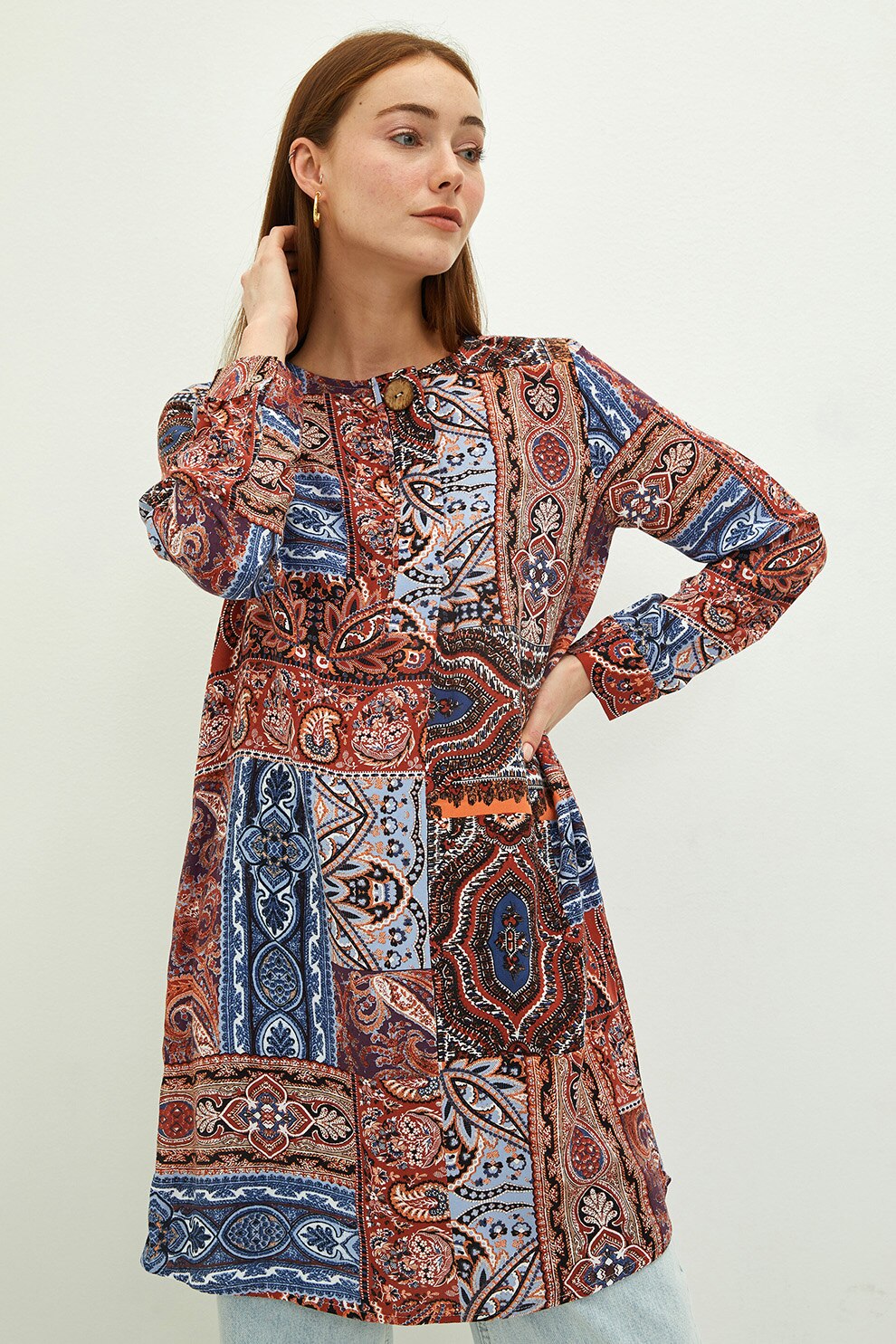 LC WAIKIKI, Bluza lunga cu imprimeu, Maro scortisoara/Bleu