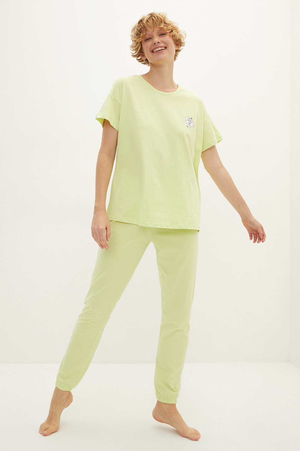 LC WAIKIKI, Pijama din bumbac cu maneci cazute, galben pal