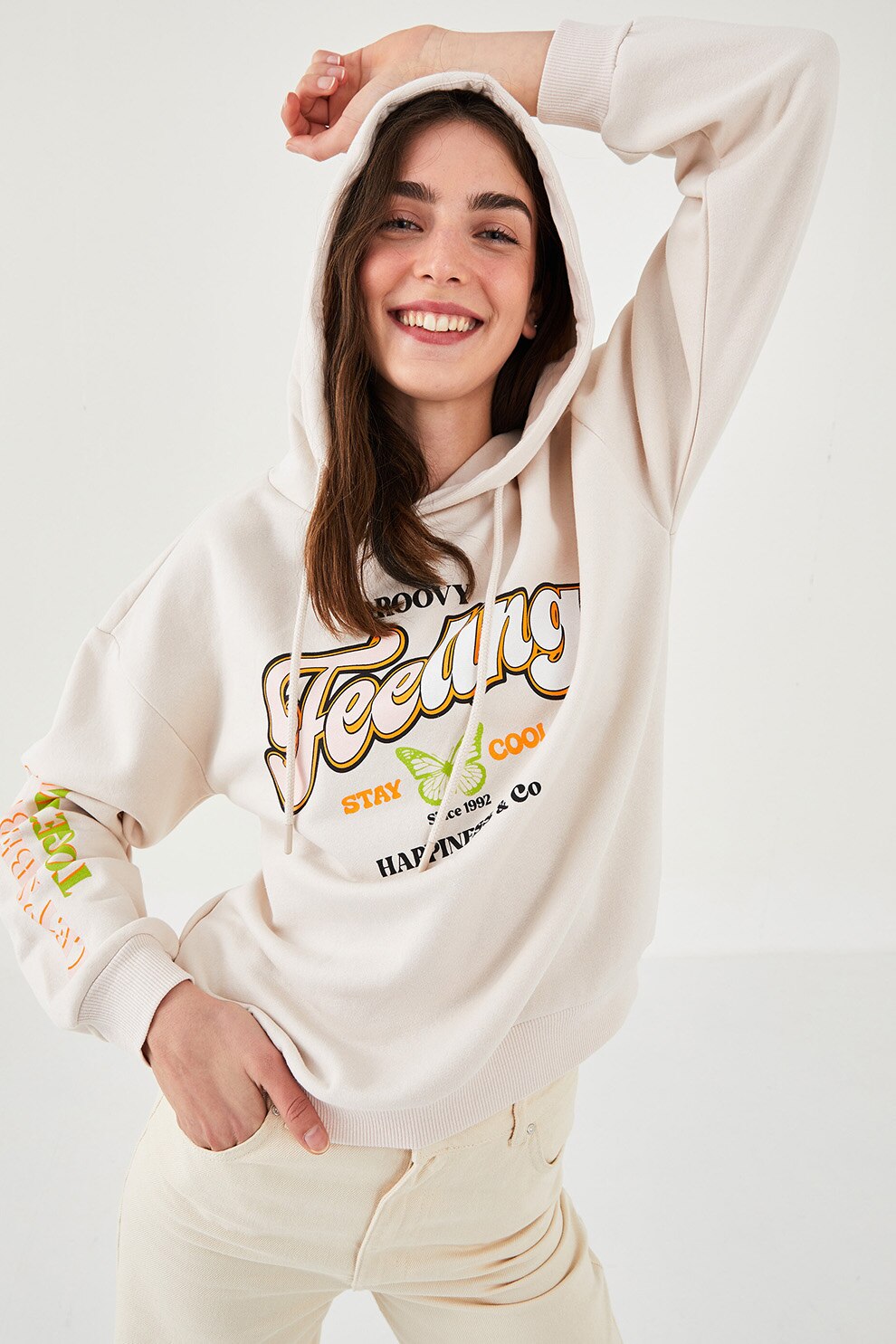 LC WAIKIKI, Hanorac cu imprimeu, snur si maneci cazute, Alb prafuit