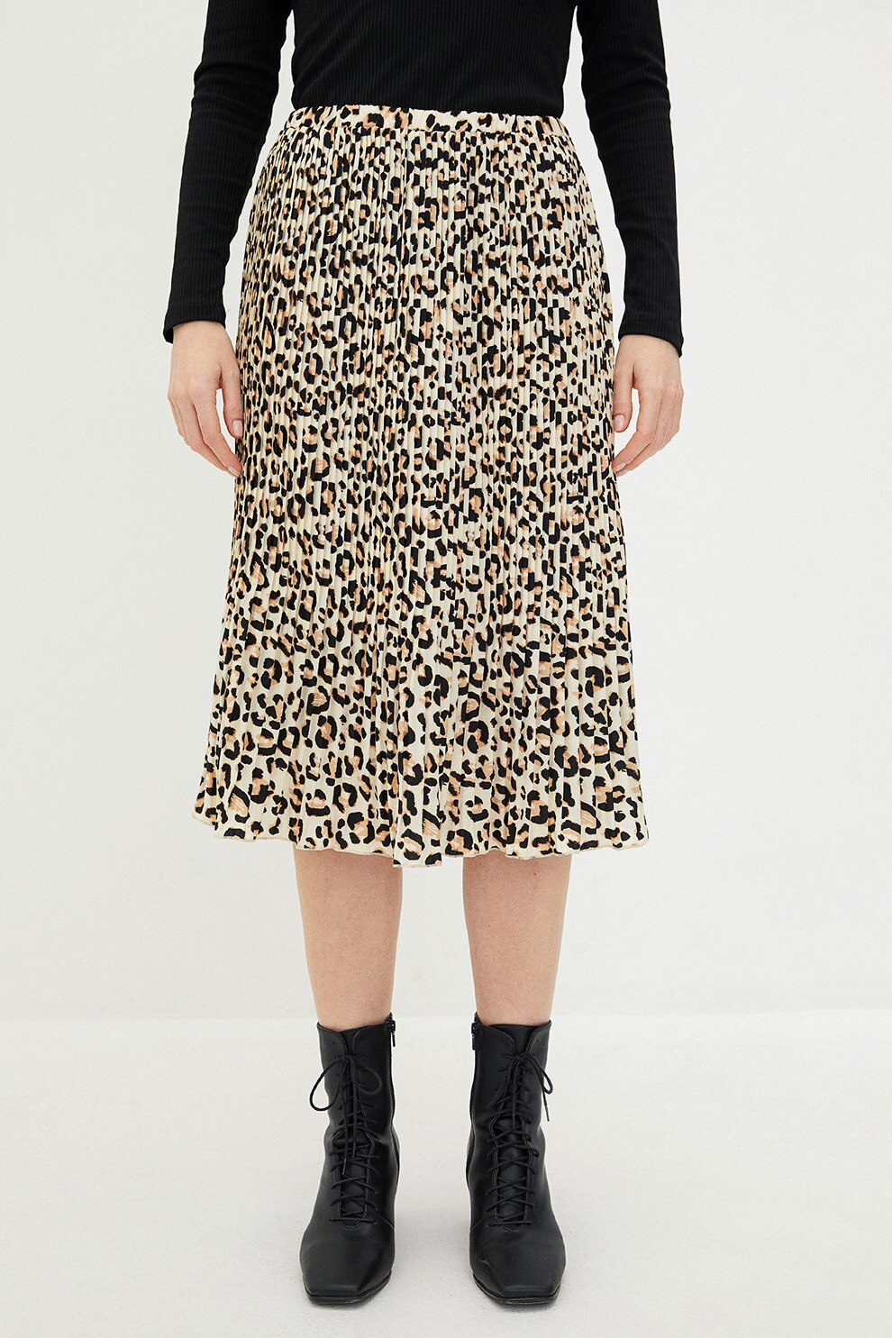 LC WAIKIKI, Fusta evazata cu pliuri si animal print, al prafuit, maro camel, negru