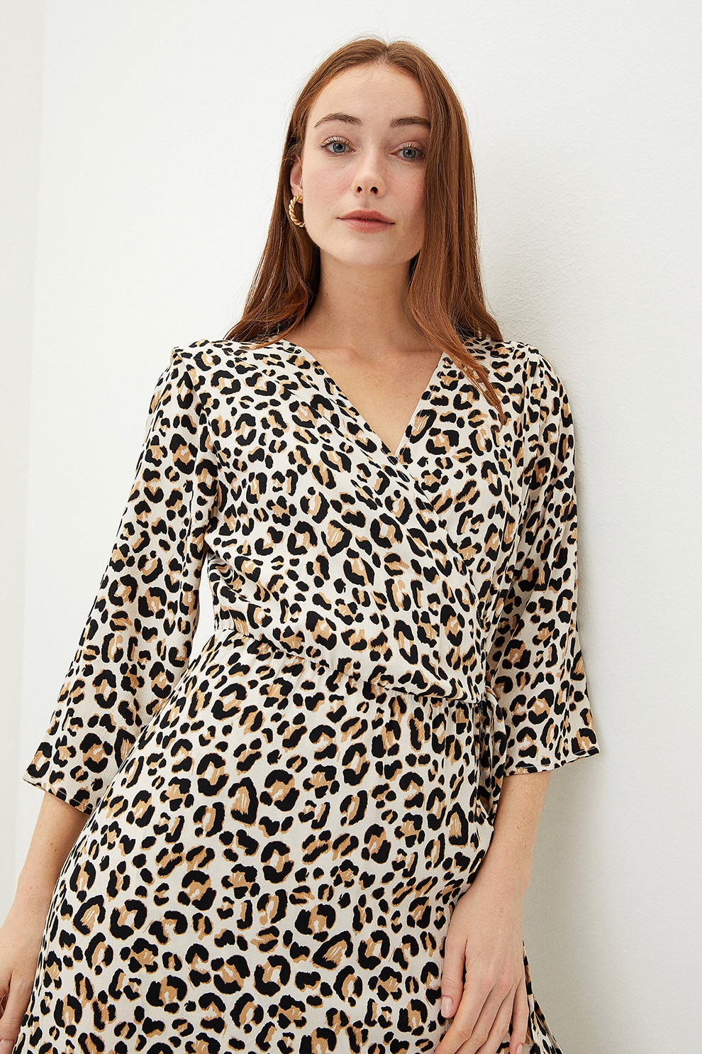 LC WAIKIKI, Rochie midi cu decolteu in V si animal print, al prafuit, maro camel, negru