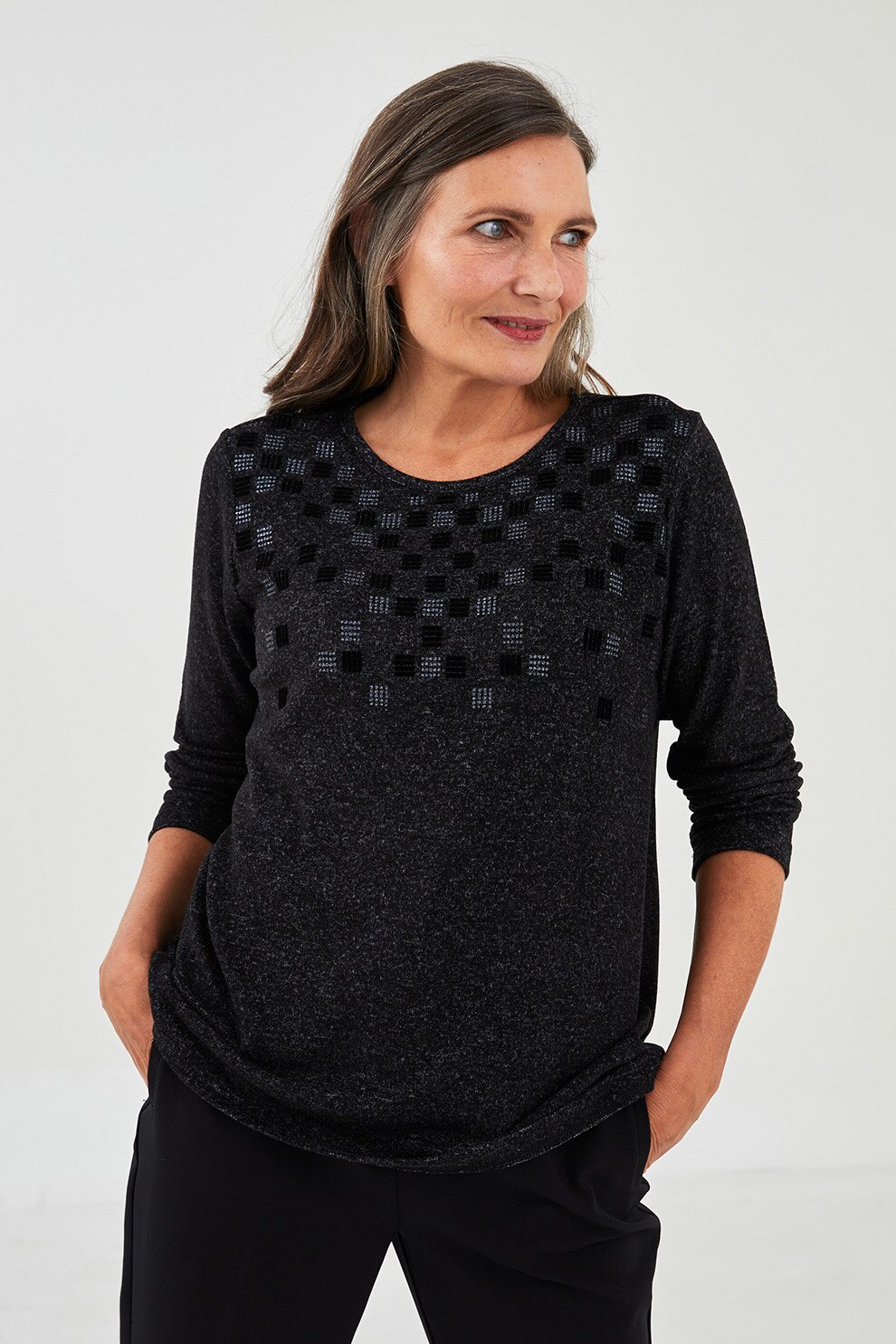 LC WAIKIKI, Bluza cu decolteu la baza gatului si detalii cotrastante, Gri antracit/Negru, M