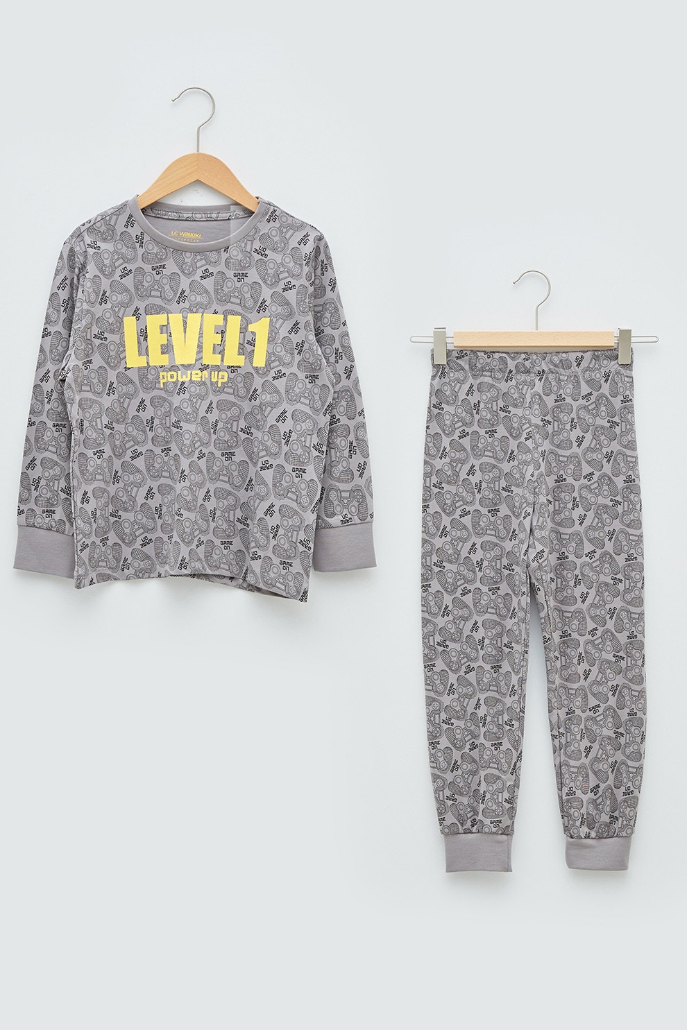 LC WAIKIKI, Pijama de bumbac cu model Gamepad, Gri/Galben