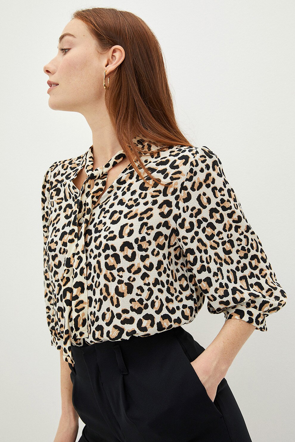 LC WAIKIKI, Bluza cu animal print si funda din panglici, al prafuit, maro camel, negru