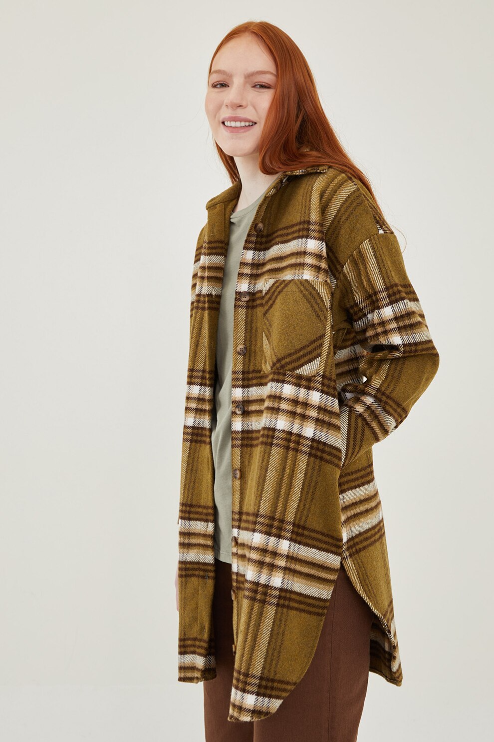 LC WAIKIKI, Camasa lunga in carouri, maro caramel alb, verde olive