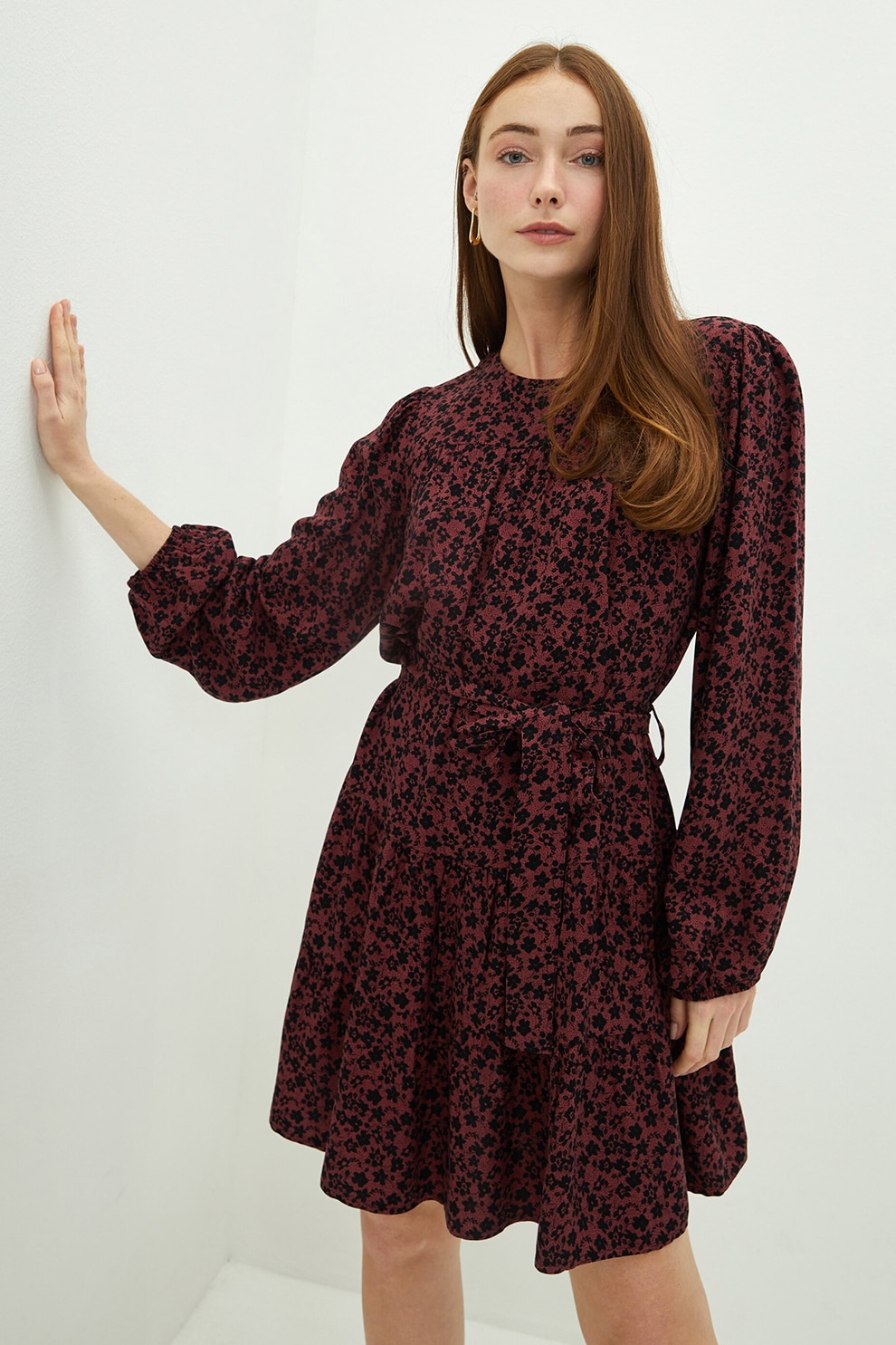 LC WAIKIKI, Rochie cu imprimeu floral si maneci bufante, Rosu bordeaux/Negru, XL