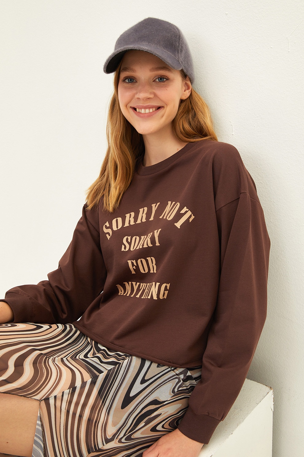 LC WAIKIKI, Bluza sport cu imprimeu text si maneci cazute, Coniac