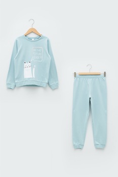 LC WAIKIKI, Pijama de bumbac cu imprimeu, Albastru pastel LC WAIKIKI, Pijama de bumbac cu imprimeu, Albastru pastel