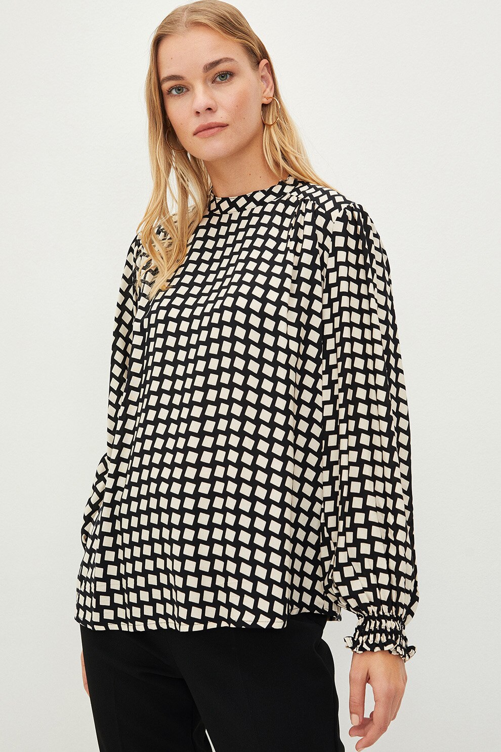 LC WAIKIKI, Bluza cu imprimeu si mansete elastice, Alb/Negru
