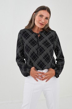 LC WAIKIKI, Bluza cu imprimeu si prindere la decolteu, Gri inchis/ Negru LC WAIKIKI, Bluza cu imprimeu si prindere la decolteu, Gri inchis/ Negru