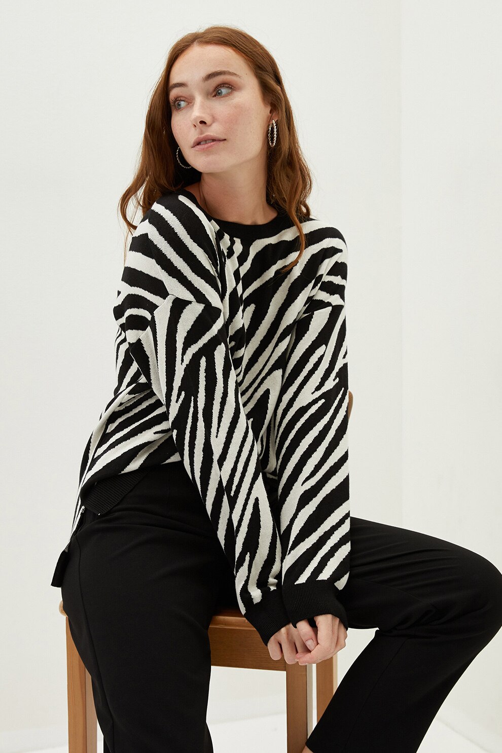 LC WAIKIKI, Pulover cu imprimeu zebra, Negru/Alb, 2XL
