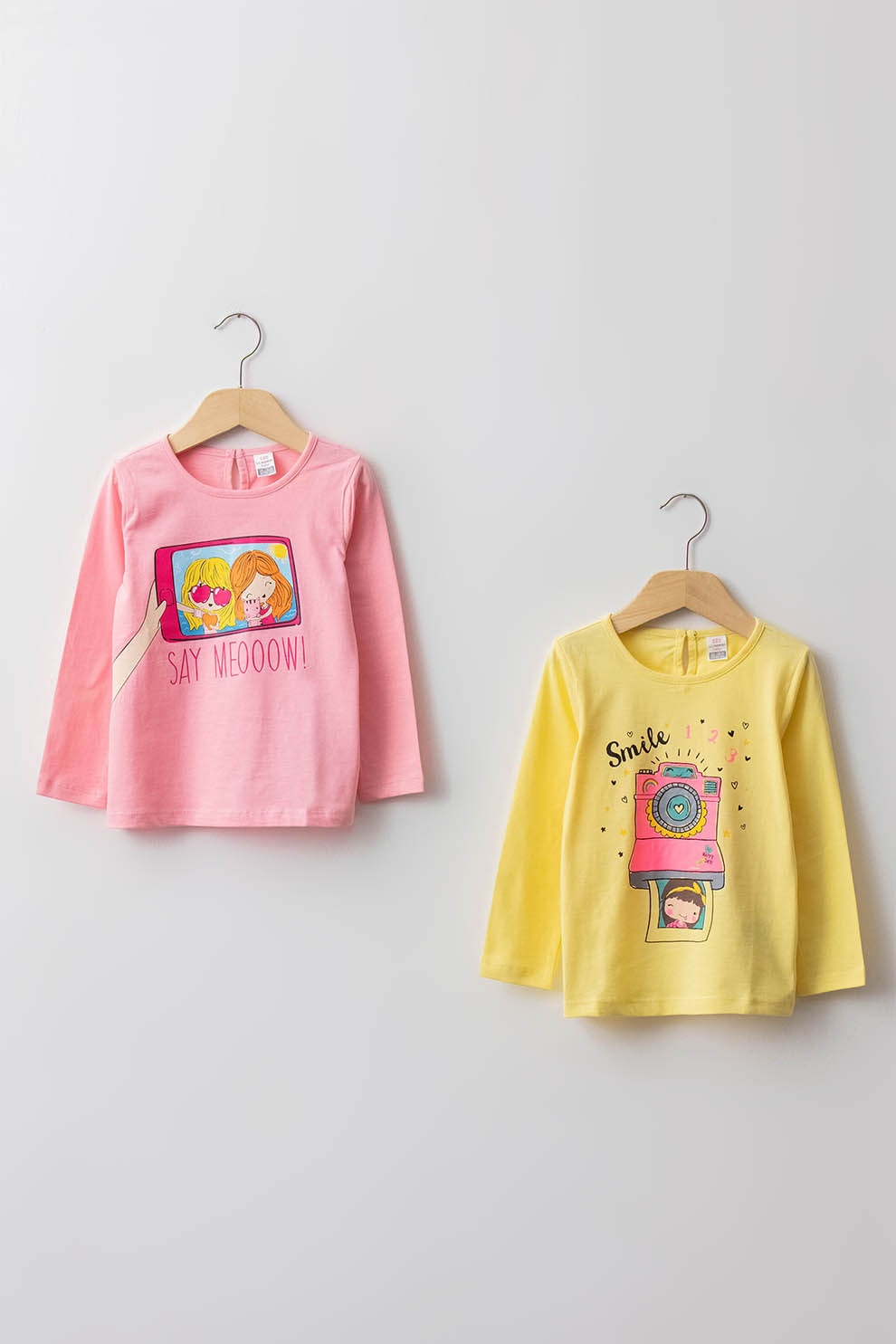 LC WAIKIKI, Set de bluza de bumbac cu imprimeu grafic - 2 piese, Roz pastel/Galben