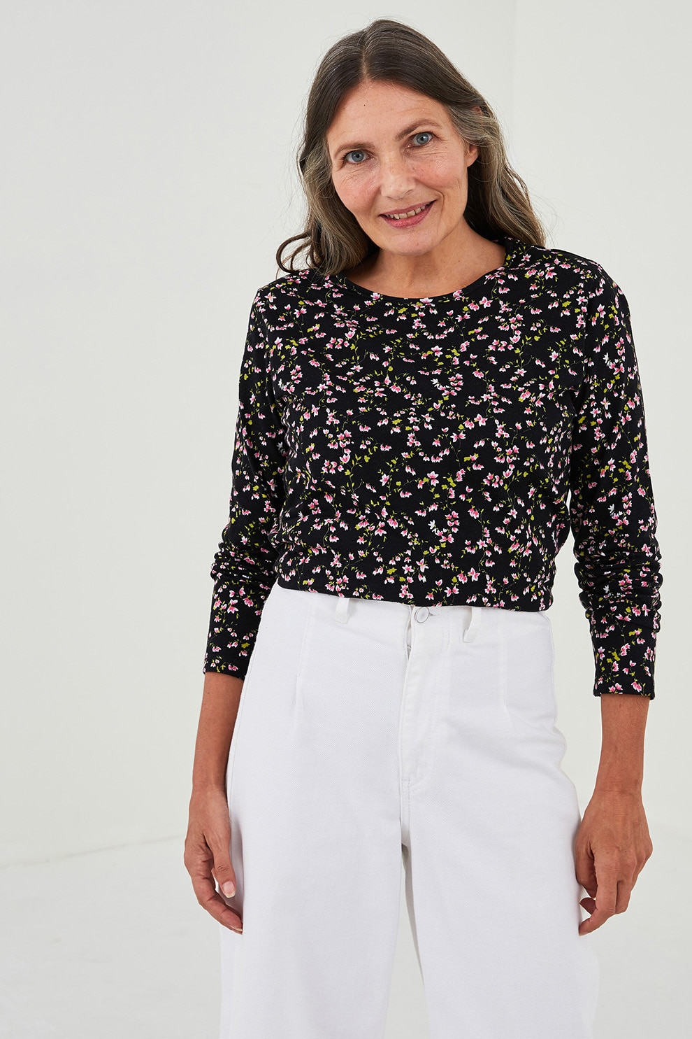 LC WAIKIKI, Bluza cu imprimeu floral si decolteu rotund, Negru/Roz/Alb