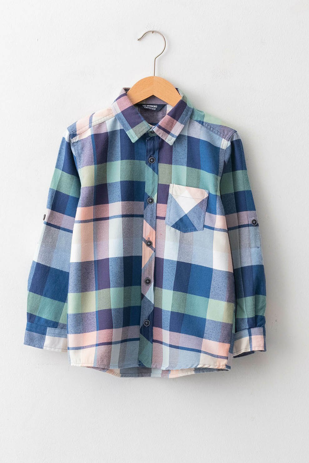 LC WAIKIKI, Camasa in carouri cu buzunar pe piept, bleu, verde pal, albastru inchis, 140 CM