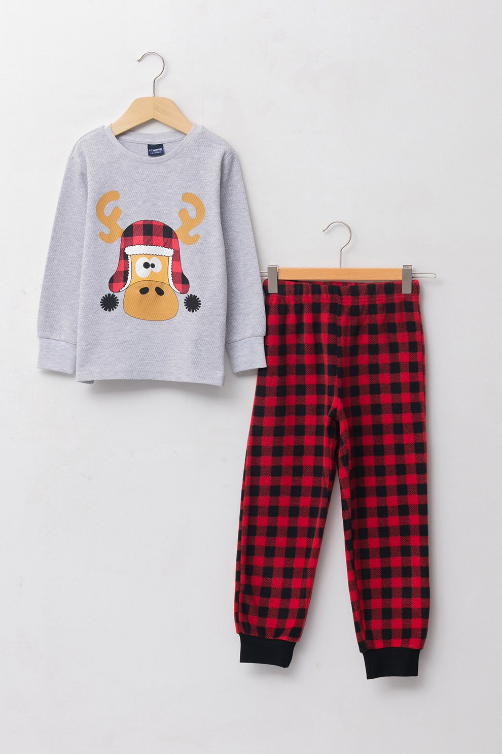 LC WAIKIKI, Pijama in carouri, Gri deschis melange/Rosu/Negru