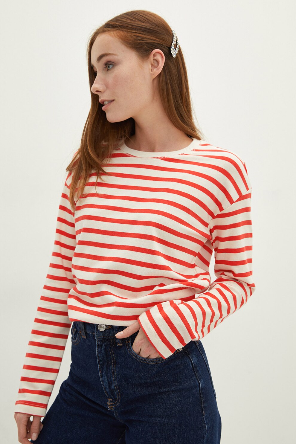 LC WAIKIKI, Bluza cu dungi si maneci cazute, Alb/Rosu