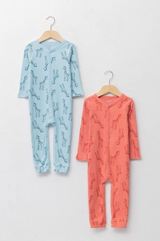 LC WAIKIKI, Set de pijamale din amestec de bumbac - 2 piese, roz inchis, albastru pastel LC WAIKIKI, Set de pijamale din amestec de bumbac - 2 piese, roz inchis, albastru pastel