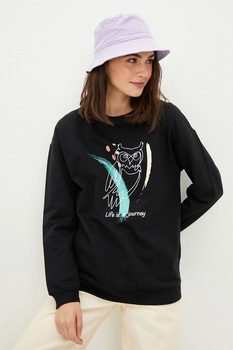 LC WAIKIKI, Bluza sport cu decolteu la baza gatului si imprimeu grafic, Negru LC WAIKIKI, Bluza sport cu decolteu la baza gatului si imprimeu grafic, Negru