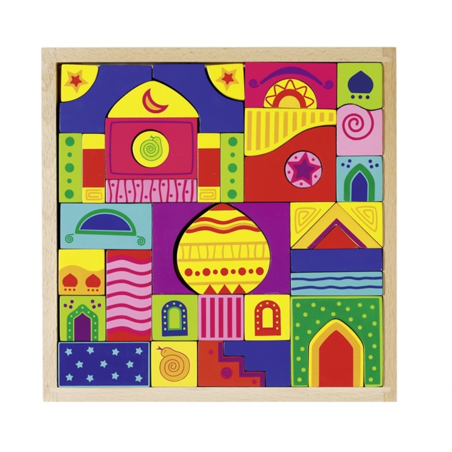 Set puzzle mosaic din lemn cu piese asimetrice, multicolor, 42 piese, 23,3 x 23,3 cm