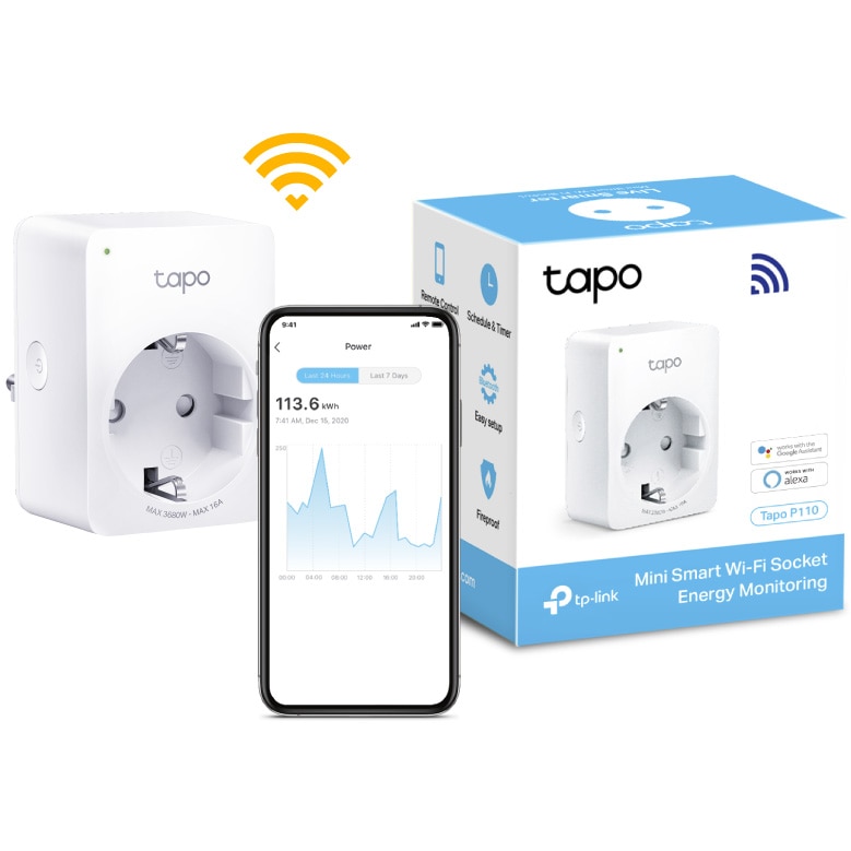 Priza smart TP-Link Mini Tapo P110, Wi-Fi, monitorizare consum energie, control vocal, 16A, compatibil cu Android / iOS, Amazon Alexa si Google Assistant, 220-240V, Alb