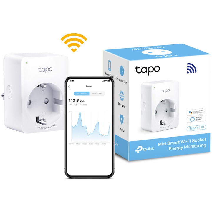 Priza smart TP-Link Mini Tapo P110, Wi-Fi, monitorizare consum energie, control vocal, 16A, compatibil cu Android / iOS, Amazon Alexa si Google Assistant, 220-240V, Alb
