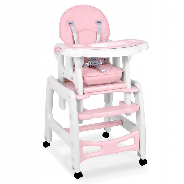Scaun de Masa 5 in 1, Multifunctional, 6-48 Luni, SmartChair, KinderVibe™, cu Functie de Balansoar, Spatar Reglabil in 3 Trepte, Tavita si Husa Detasabile si Lavabile, Suport Picioare, Centura de Siguranta, Roz