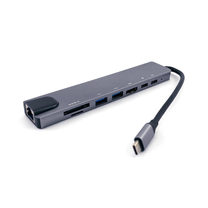 Hub USB-C 8 in 1, Adaptor Multiport Premium din Aluminiu, cu HDMI 4K, 2x USB 3.0, Ethernet RJ45, Cititor Card SD/TF, Power Delivery PD 60W, compatibil MacBook, Windows