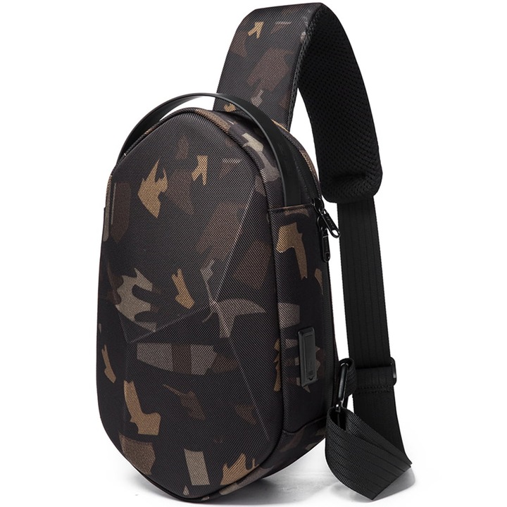 Geanta crossbody, de umar sau de mana tip sling, cu port de incarcare USB 3.0, Bange, 30x11x17 cm, Camuflaj