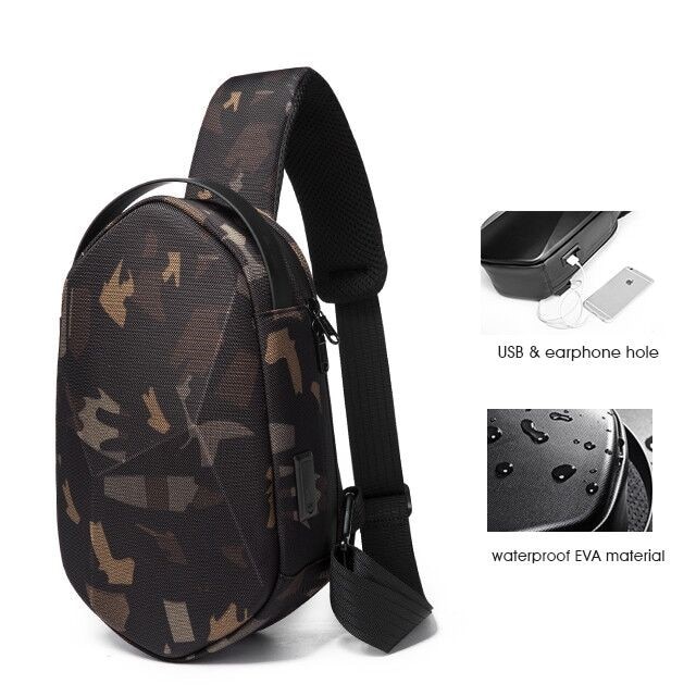 Geanta crossbody, de umar sau de mana tip sling, cu port de incarcare USB 3.0, Bange, 30x11x17 cm, Camuflaj