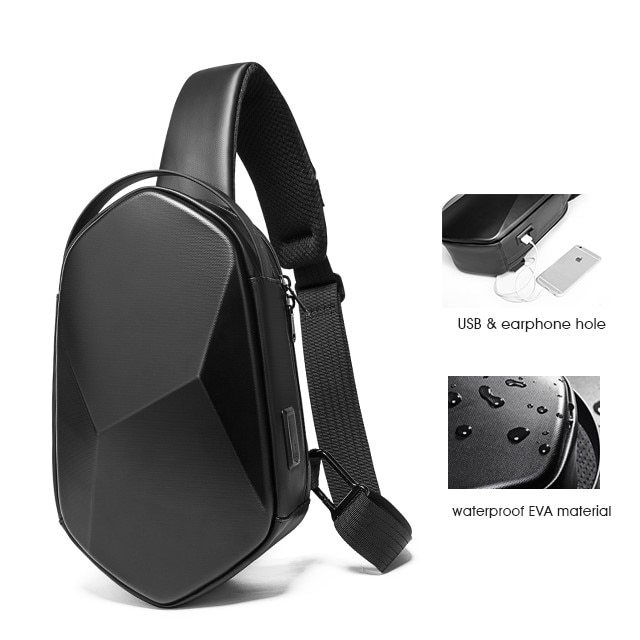 Geanta crossbody, de umar sau de mana tip sling, cu port de incarcare USB 3.0, Bange, 30x11x17 cm, Neagra