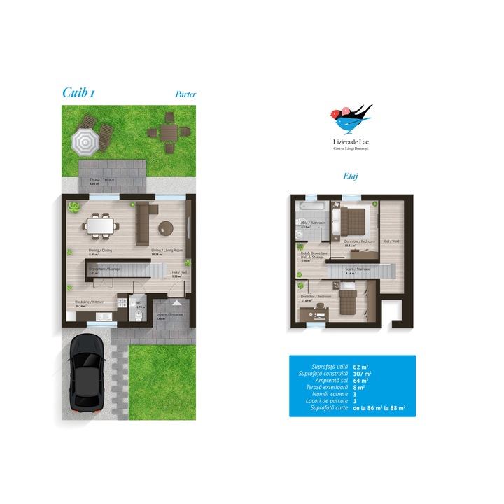 Avans casa Cuib 1, Liziera de Lac, finalizare 30.09.2022,15 minute metrou Anghel Saligni, S-E Bucuresti, Frumusani, P+1, 3 camere dec, 1 baie, 1 gr.sanitar, finisata, supr. utila casa 81.5 mp, supr. teren 86 mp, utilitati complete, nemobilata (69.999 EUR)
