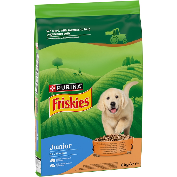Hrana uscata pentru caini Friskies Junior, Pui & Legume, 8 Kg