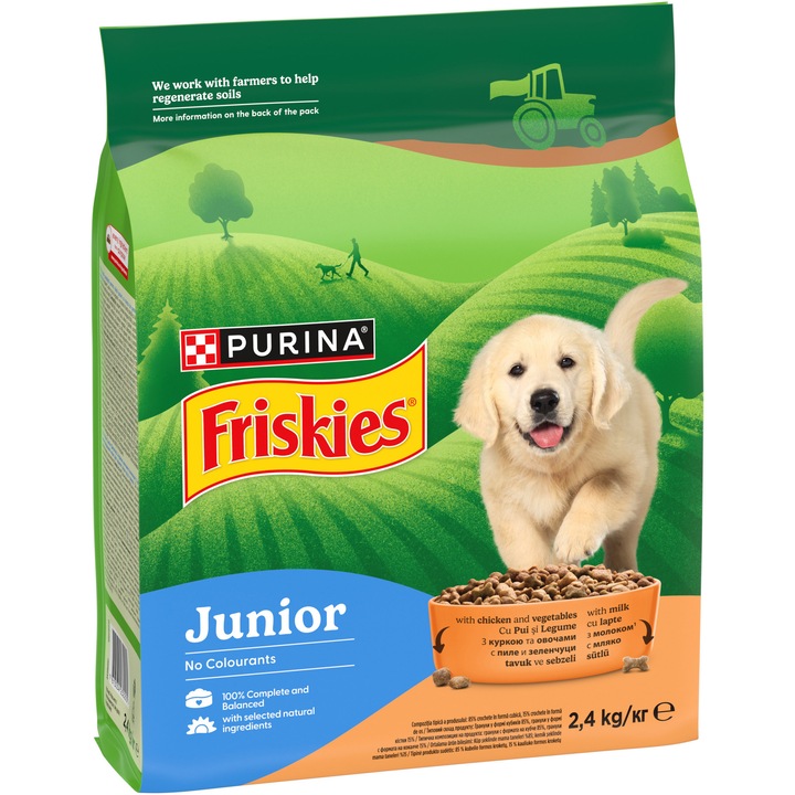 Hrana uscata pentru caini Friskies Junior, Pui & Legume, 2.4 Kg