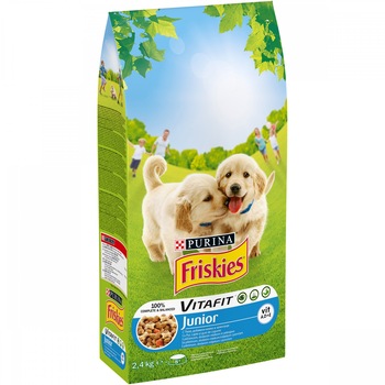 Hrana uscata pentru caini Friskies Junior, Pui & Legume, 2.4Kg Hrana uscata pentru caini Friskies Junior, Pui & Legume, 2.4Kg