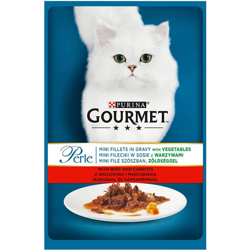 Hrana umeda pentru pisici Gourmet Perle, Mini Fileuri in Sos Vita si Morcovi, 85g