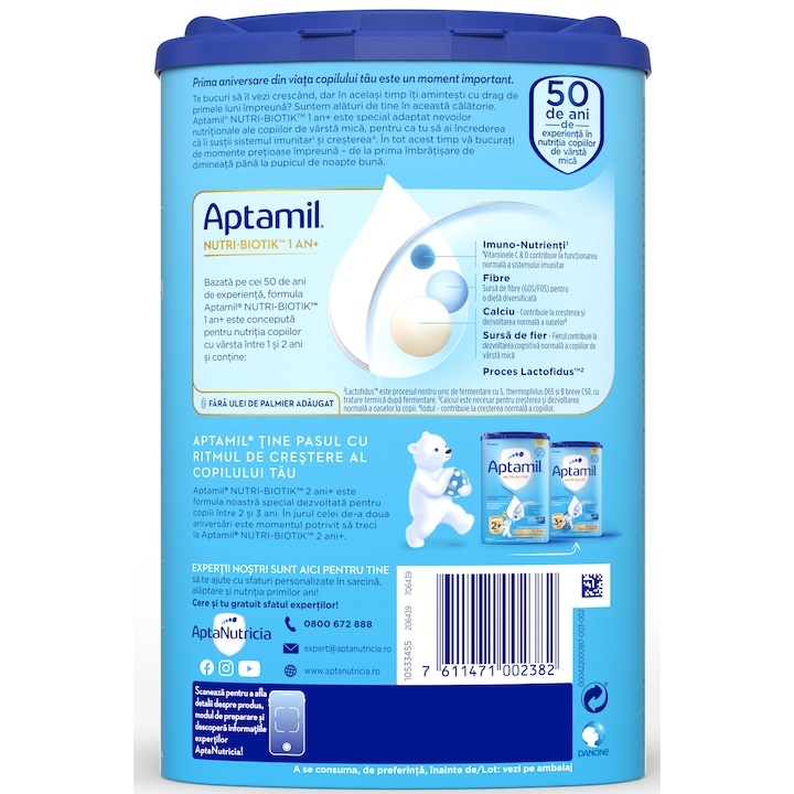 Lapte praf Aptamil NUTRI-BIOTIK 1+, 800 g, 1-2 ani, Nutricia