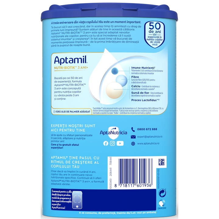 Lapte praf Aptamil NUTRI-BIOTIK 3+, 800 g, de la 3 ani, Nutricia