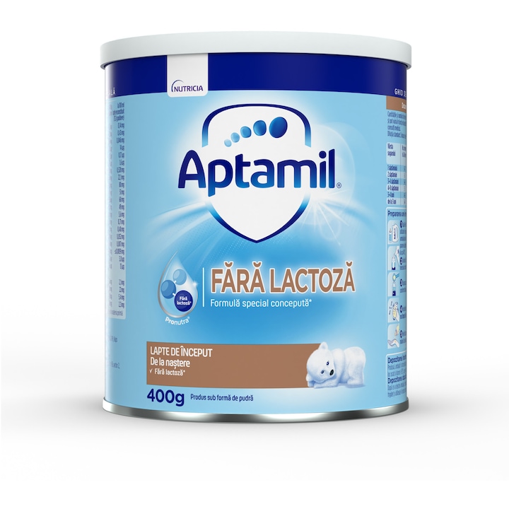 Lapte praf Aptamil Fara Lactoza, 400 g, de la nastere, Nutricia