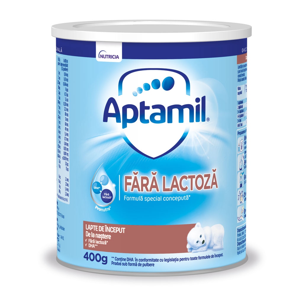 Lapte praf Aptamil Fara Lactoza, 400 g, de la nastere, Nutricia