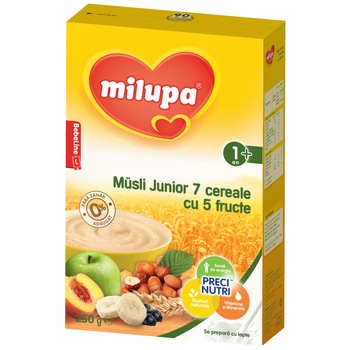 Cereale Milupa Junior fara lapte, 7 cereale cu 5 fructe, 250 g, de la 1 an Cereale Milupa Junior fara lapte, 7 cereale cu 5 fructe, 250 g, de la 1 an