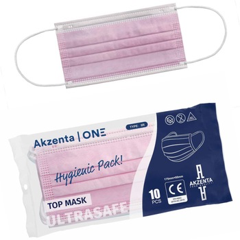Set 10 buc Masti medicale Akzenta Top tip IIR, Hygienic Pack blister, 3 straturi, 3 pliuri, banda metalica, eficienta filtrare ≥98%, roz deschis Set 10 buc Masti medicale Akzenta Top tip IIR, Hygienic Pack blister, 3 straturi, 3 pliuri, banda metalica, eficienta filtrare ≥98%, roz deschis