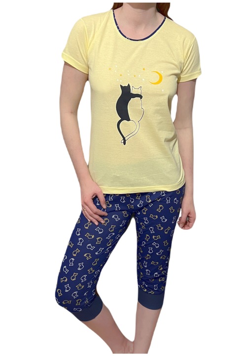 Pijamale de dama, La Penna, 3/4, Doua pisici, M INTL, Galben