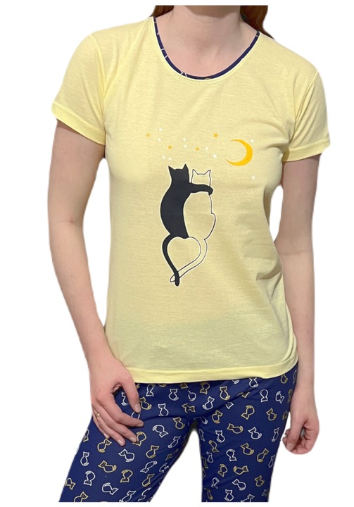 Pijamale de dama, La Penna, 3/4, Doua pisici, M INTL, Galben