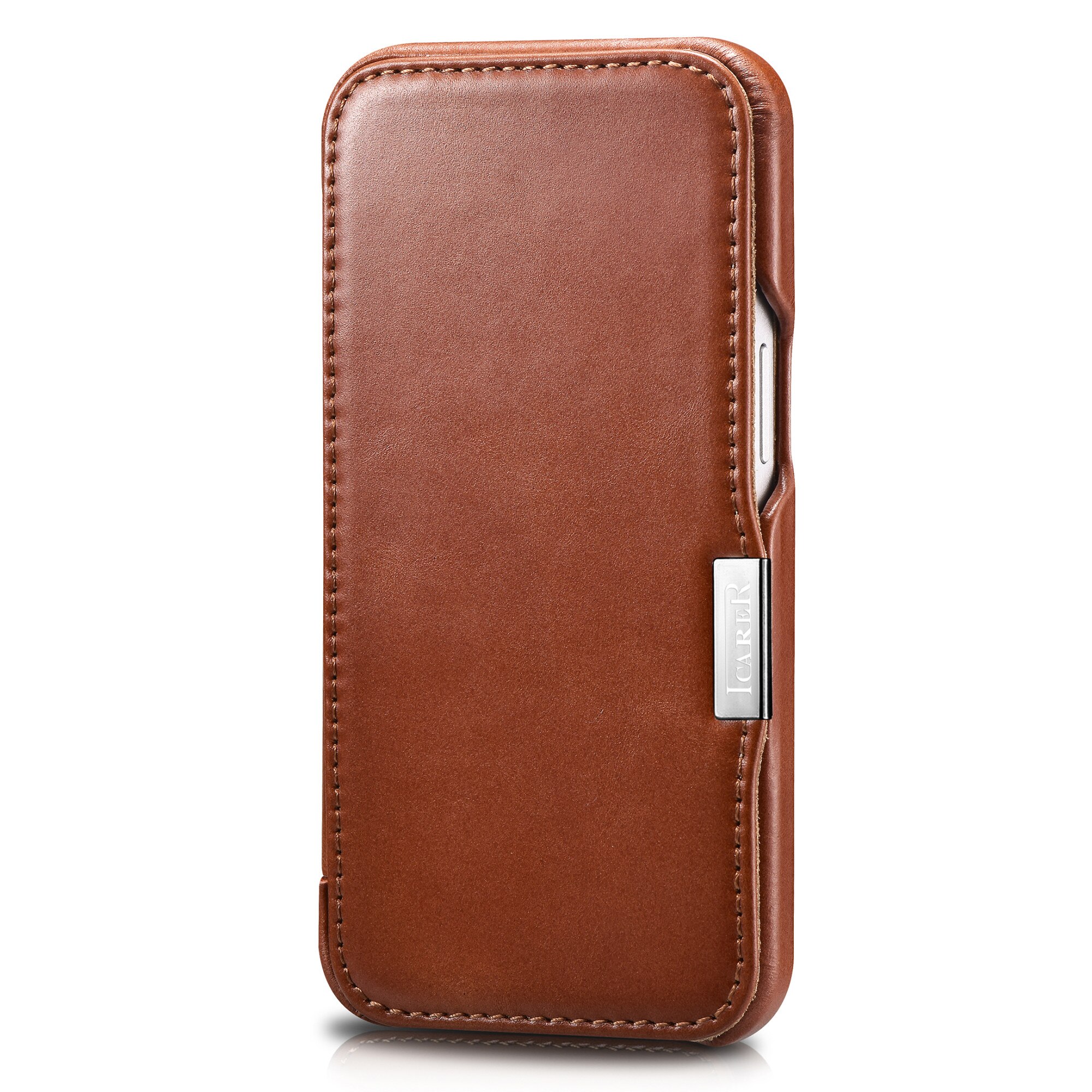 Husa pentru iPhone 13, iCARER, piele naturala, tip carte, inchidere magnetica, culoare Maro coniac