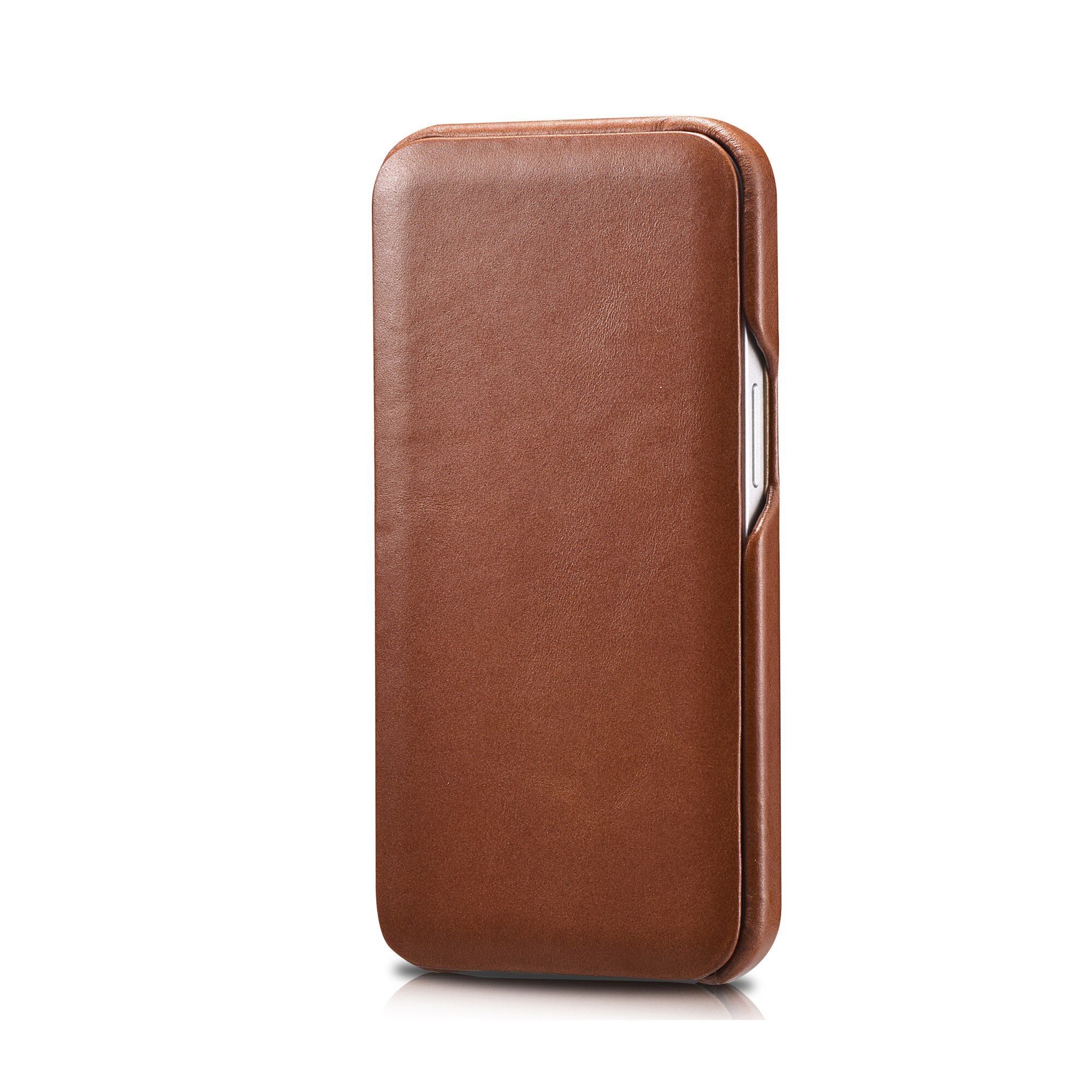 Husa pentru iPhone 13 Pro Max, iCarer, din piele naturala, tip carte, cu clapeta curbata, Maro coniac