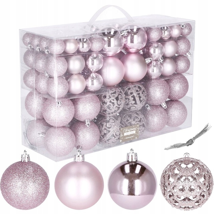 Springos 100 darabos karácsonyi gömb készlet karácsonyfához, akasztókkal, műanyagból, átmérő 3/4/6 cm, rózsaszín