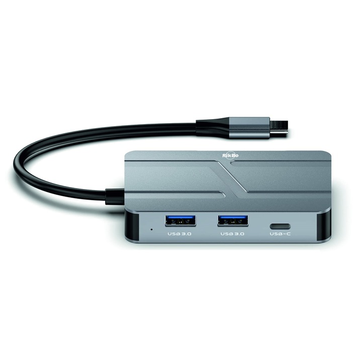 Hub USB C 7 in 1 RikBo®, 1x 4k HDMI, 2 x USB3.0, 1 x VGA Port, 1x TypeC Data Port, 1 x AUX Port, 1x DC Port 5Vx1A