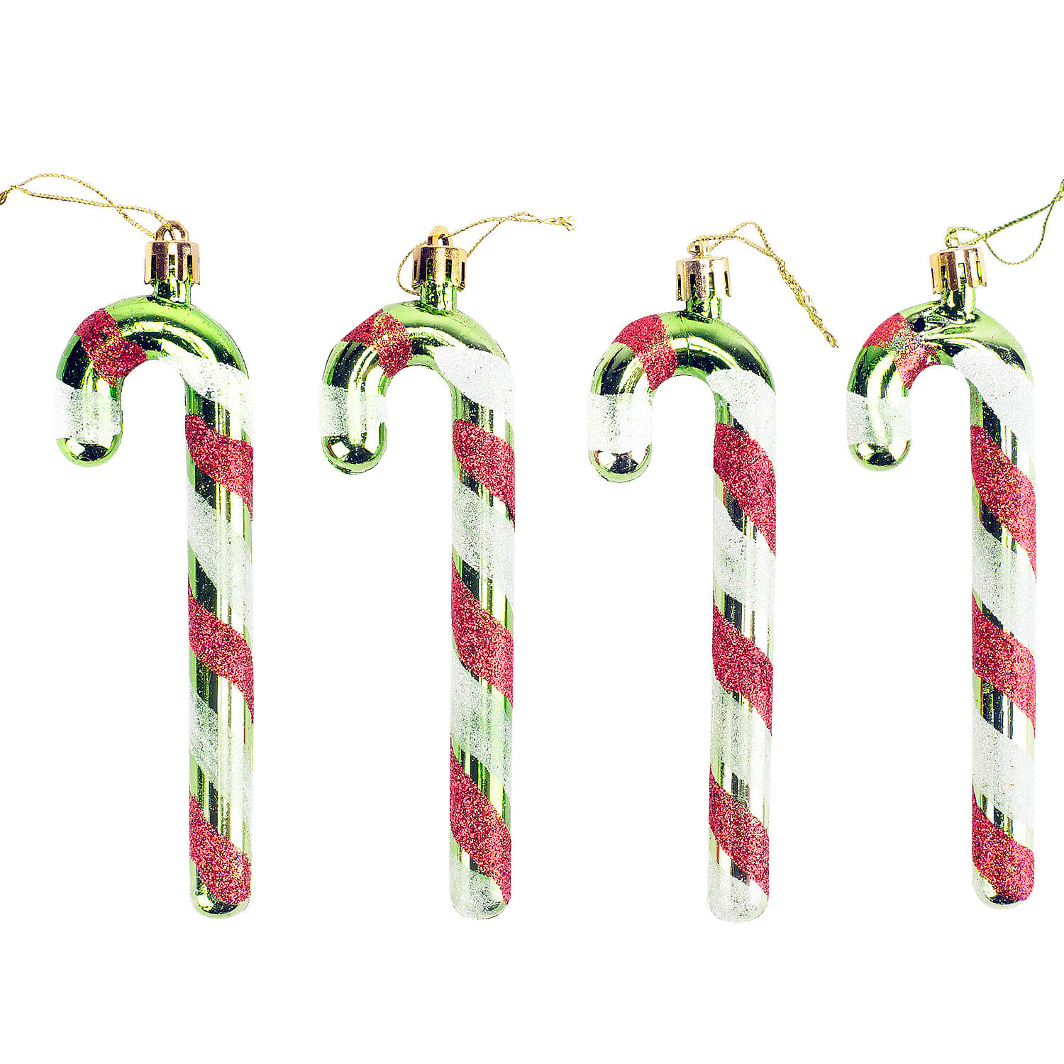 Set 4 globuri Holly, model bastonase, verde cu model rosu/alb, 12 cm