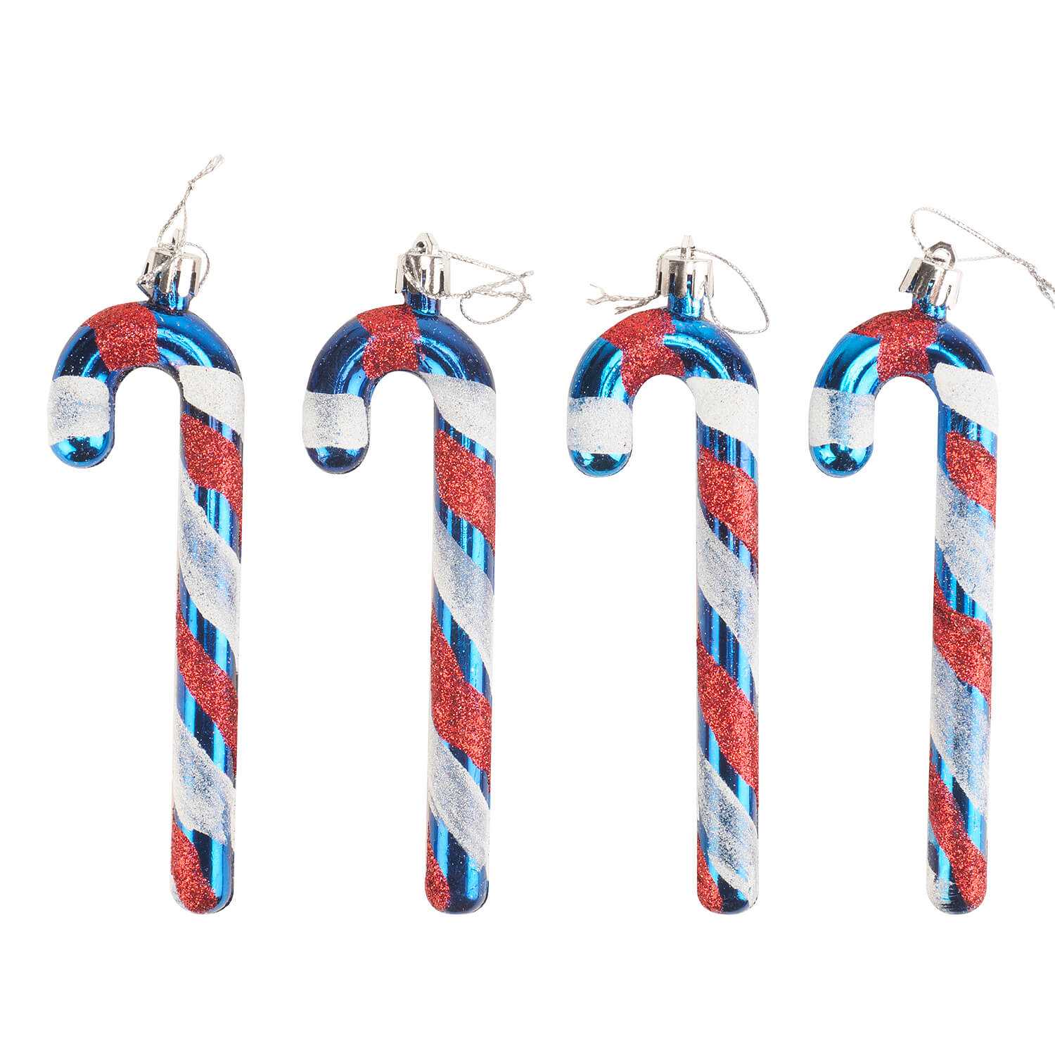 Set 4 globuri Holly, model bastonase, albastru cu model rosu/alb, 12 cm