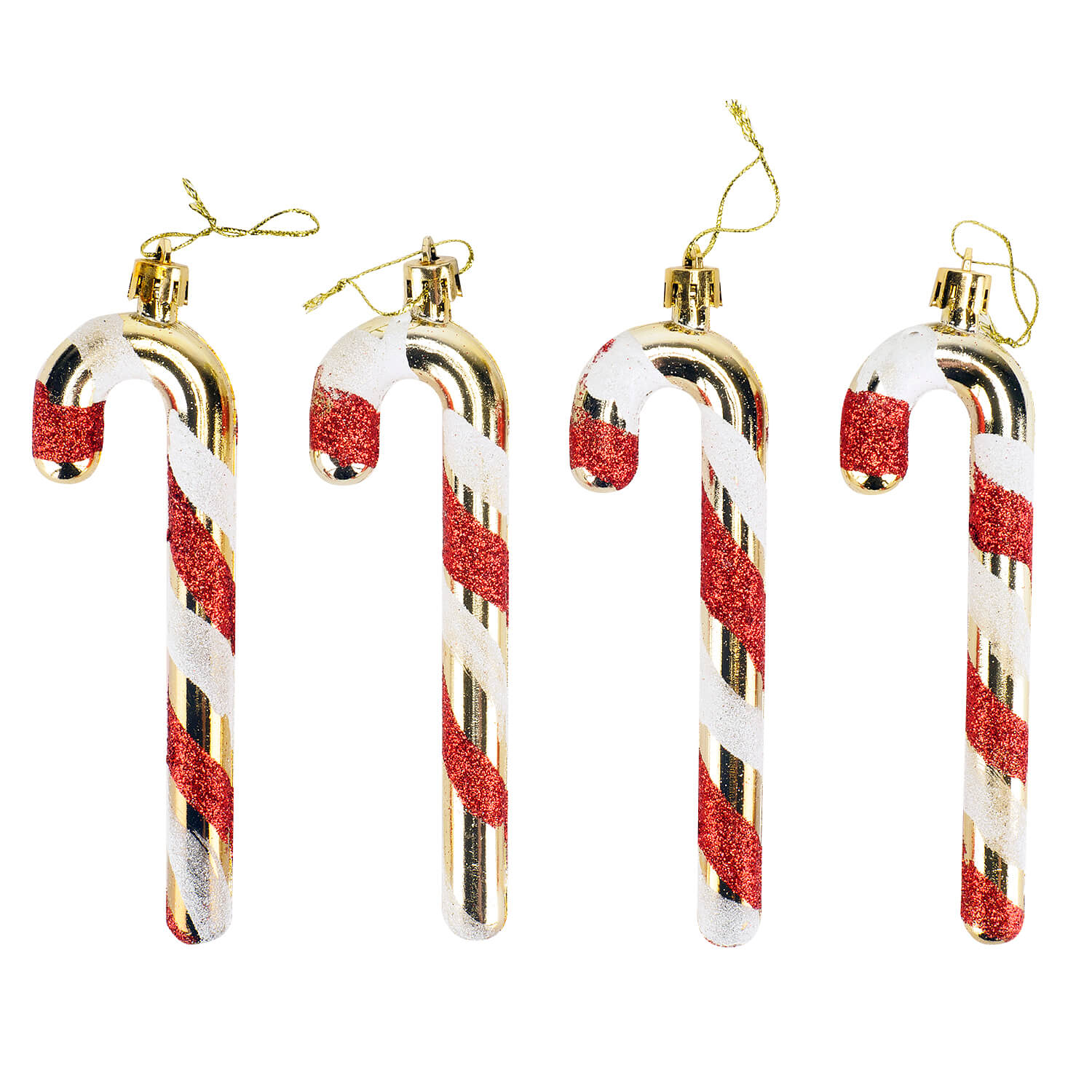 Set 4 globuri Holly, model bastonase, auriu cu model rosu/alb, 12 cm